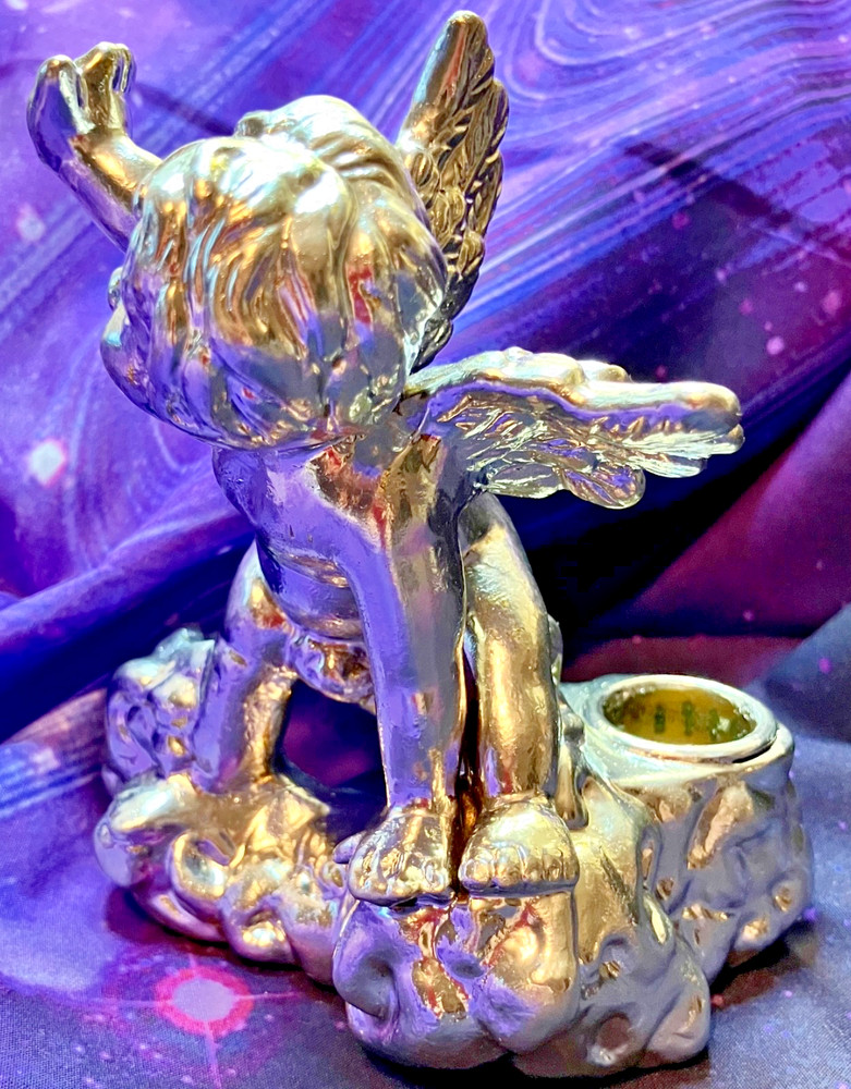 Two Silver Colored Ceramic Baby Cherub Candlestick Holders