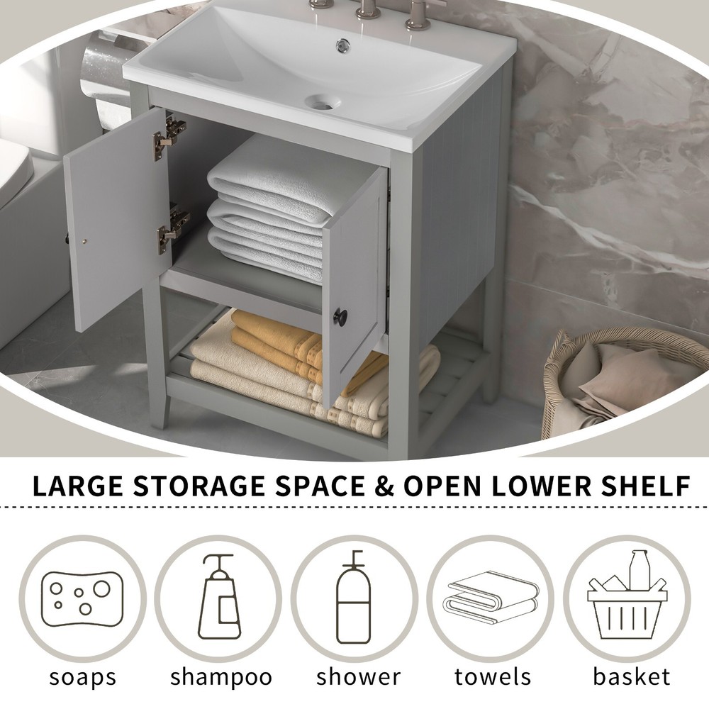 24" Modern Bathroom Vanity - Solid Wood Frame, Semilune Ceramic Sink, Open Shelf