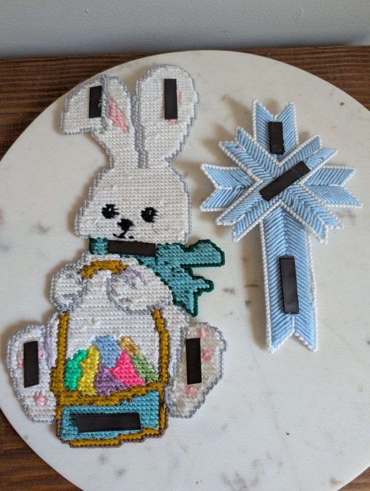 Vintage Handmade Needlepoint Easter Bunny & Cross Magnet Set Craft Spring Decor