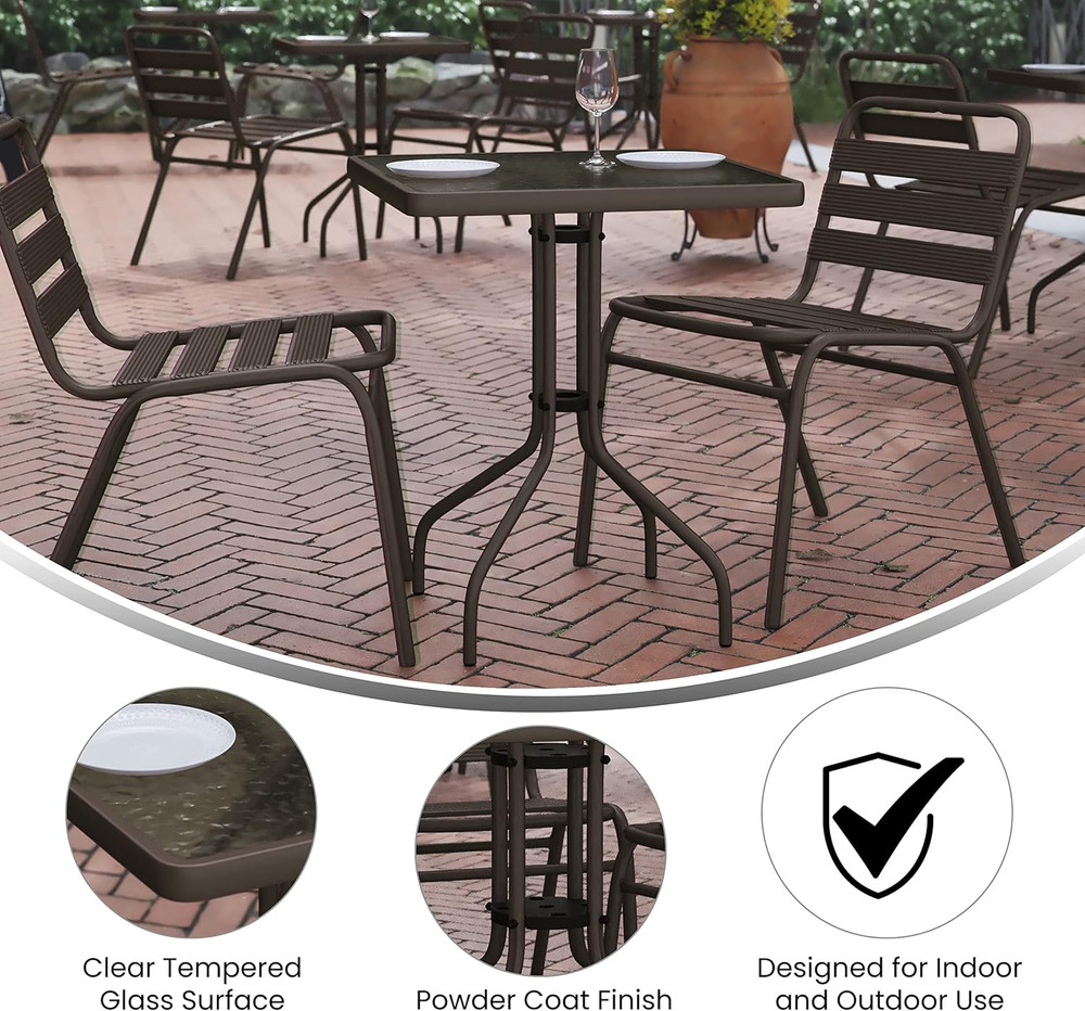 Lila 23.5'' Square Glass Table with 2 Bronze Slat Stack Chairs Set
