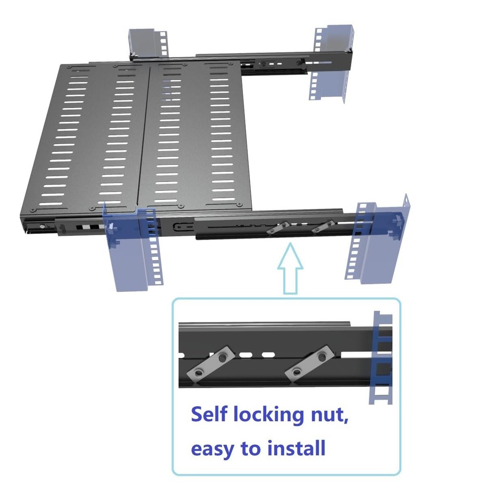 1U Sliding Rack Shelf, 4-Post Vented Rack Mount Shelf 14-17“ Deep with Adjust...