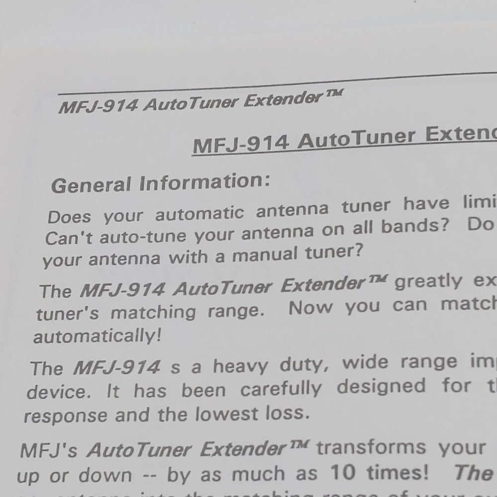 MFJ-914 AutoTuner Extender Instruction Manual, Original