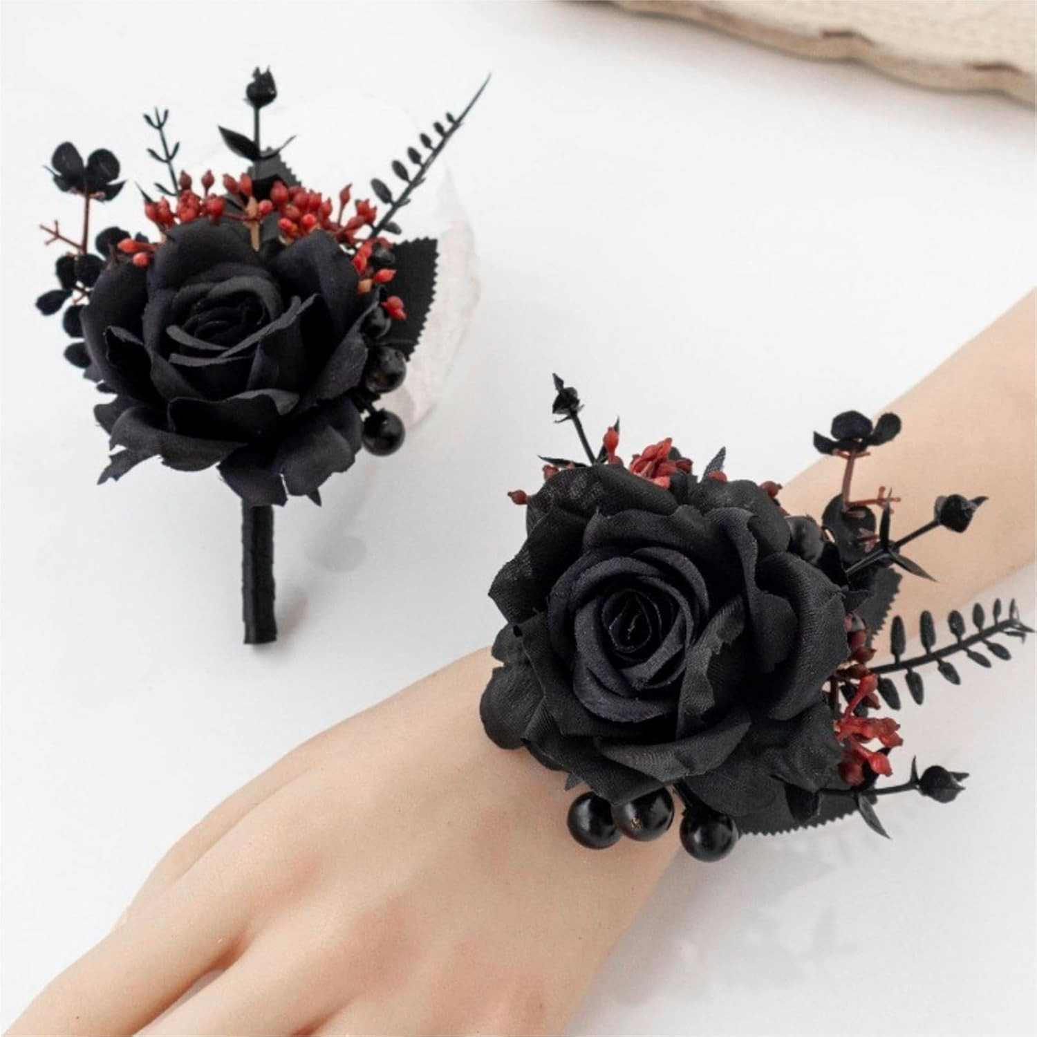Gothic Black and Red Wrist Corsage and Boutonniere Set for Weddings and Prom