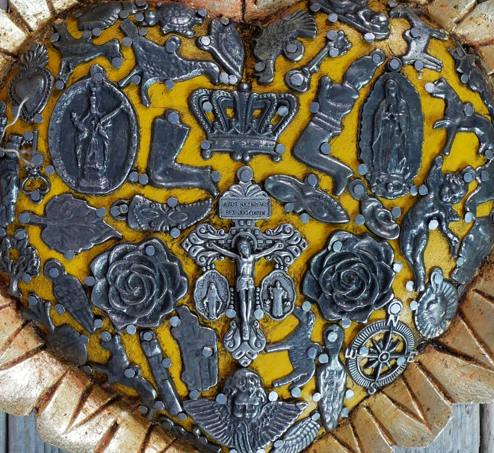 Heart With Gold Baby Feathers Milagros Wood Handmade Mexican Folk Art Love Token