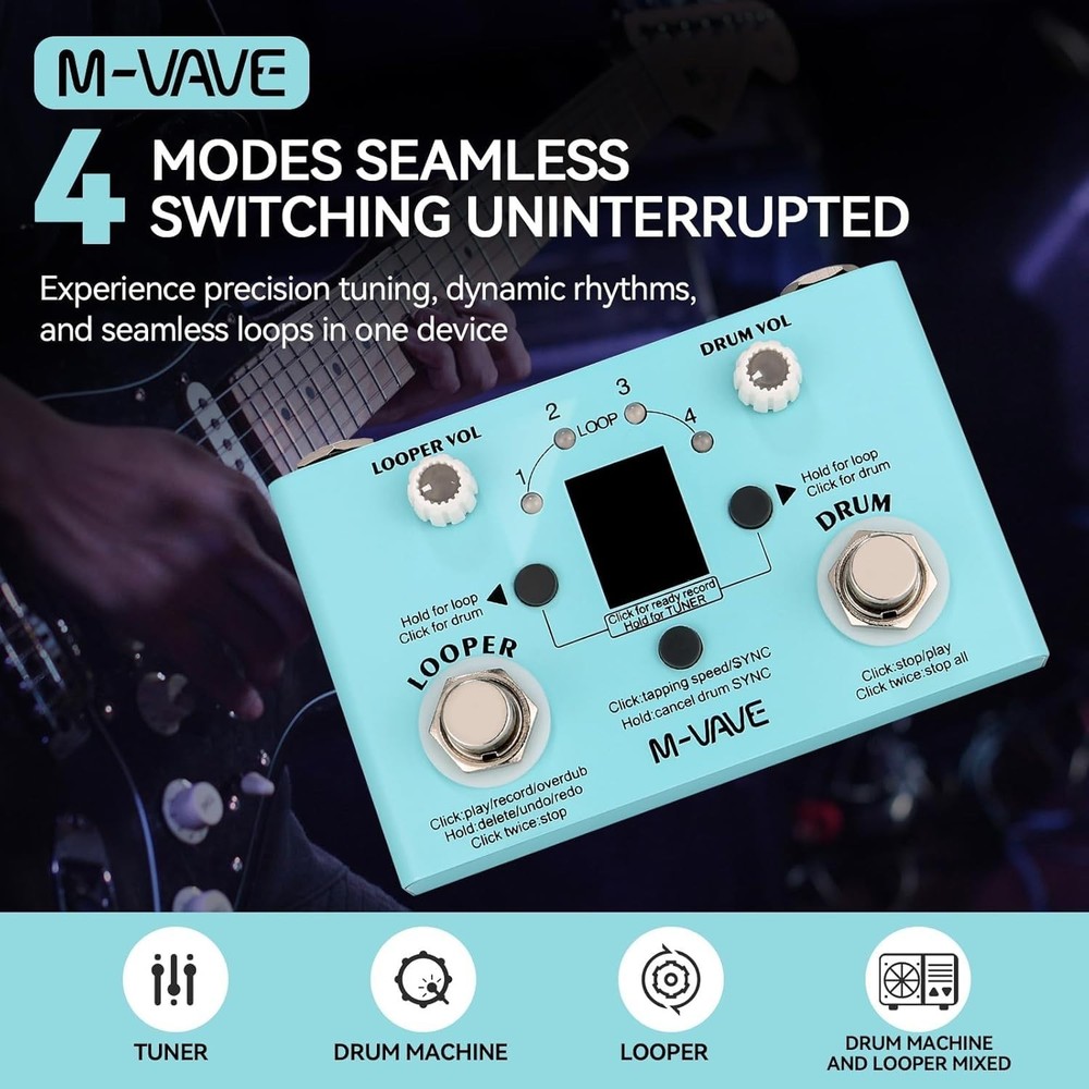 Looper Pedal Drum Machine with Tuner 11-Minute Loop, 30 Preset Drum Patterns,...