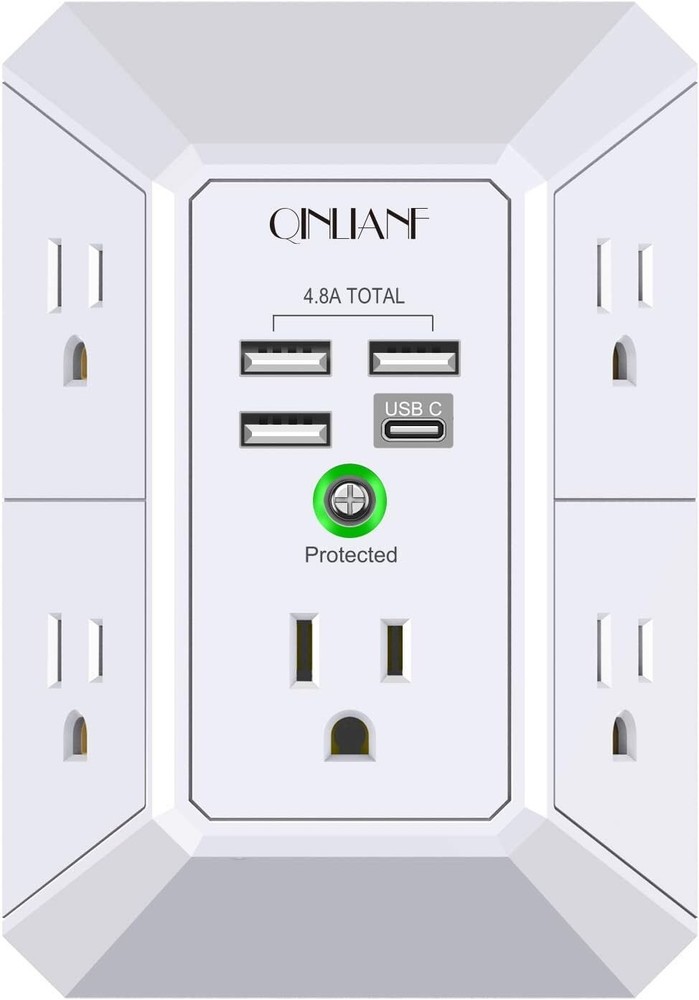 5 Outlet Extender Surge Protector Multi Plug Wall Adapter USB Charger Ports with
