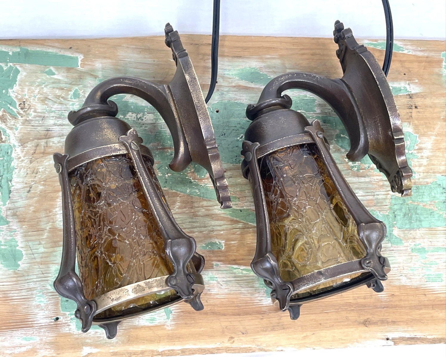 RESTORED Pair Antique Vtg Tudor Arts Crafts Wall Sconces Amber Glass Porch Light