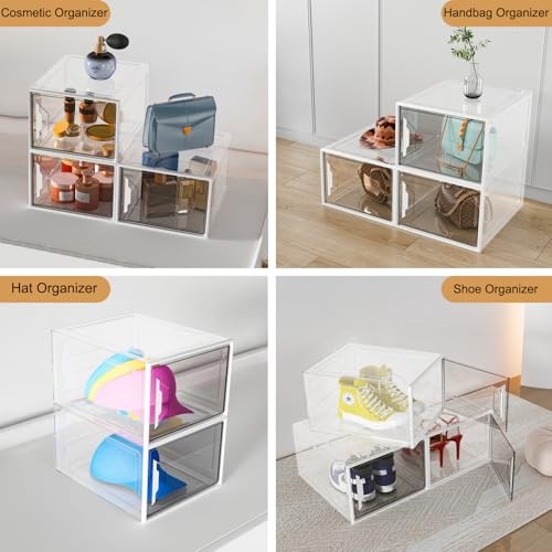 X-Large Stackable Shoe Boxes - Clear Plastic Shoe Storage Boxes 6 Pack White