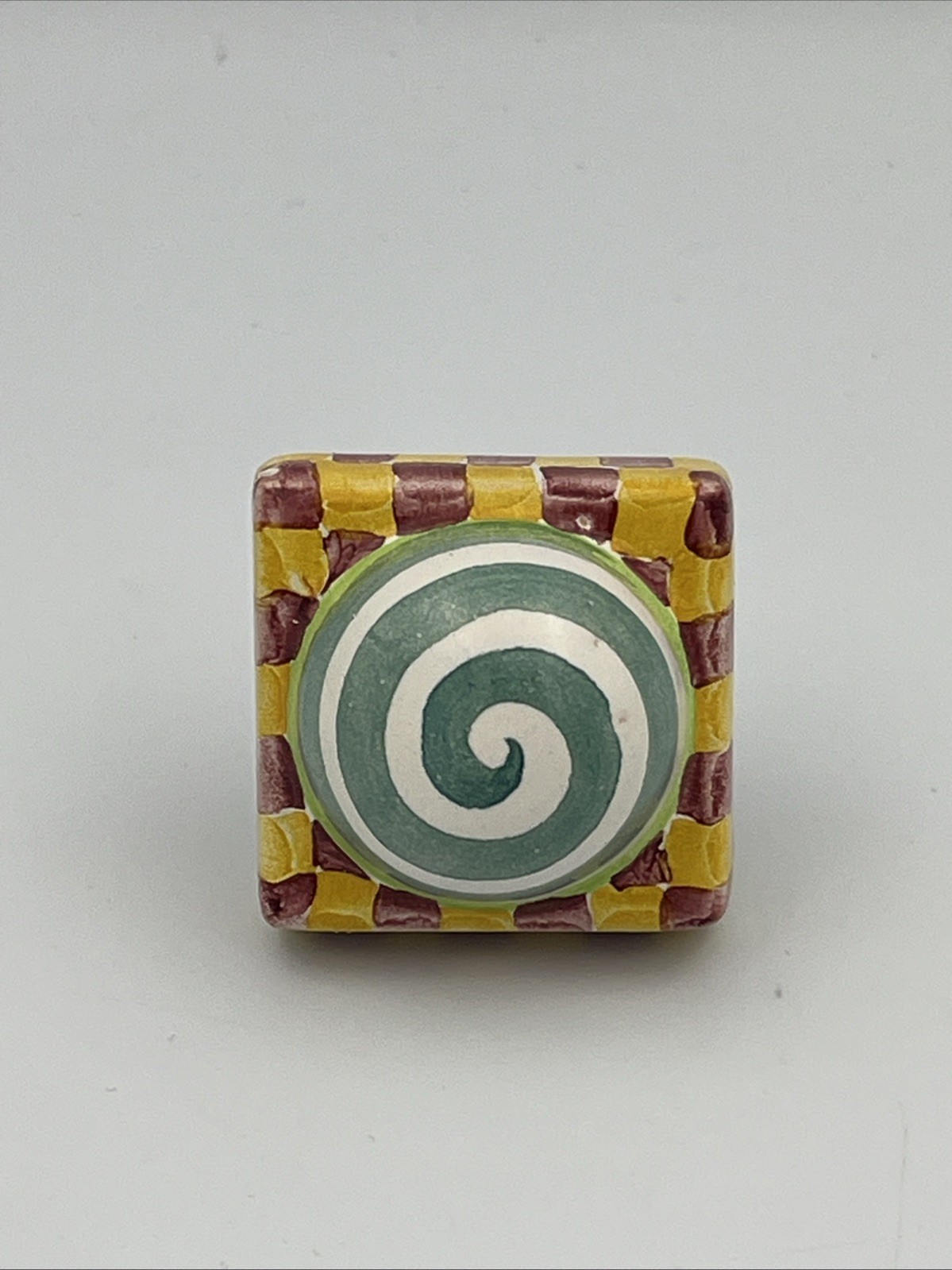 Mackenzie Childs 1.5” Petite Pink Yellow Check Green Swirl Square Knob Pull