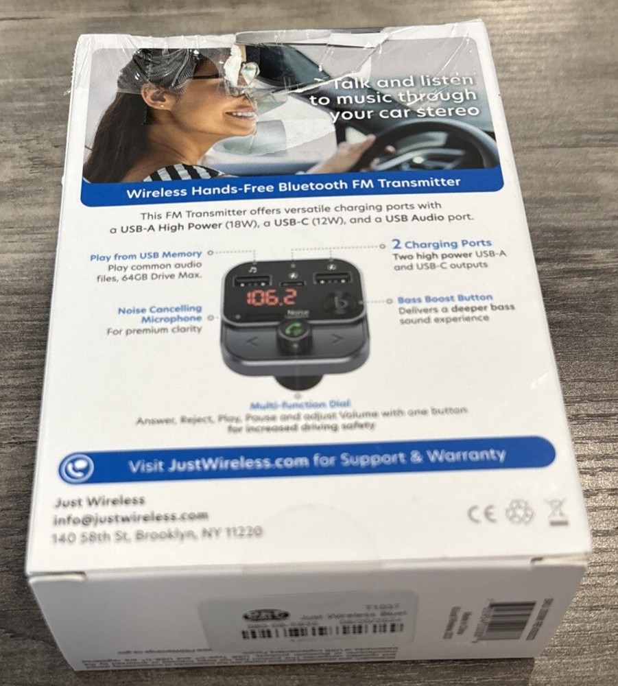 Just Wireless Hands Free Bluetooth FM Transmitter w/ USB-C & USB-A Charging Port