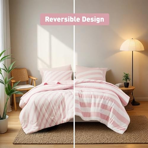 Reversible Striped Comforter Set, Soft Microfiber Bedding Set with King Blush