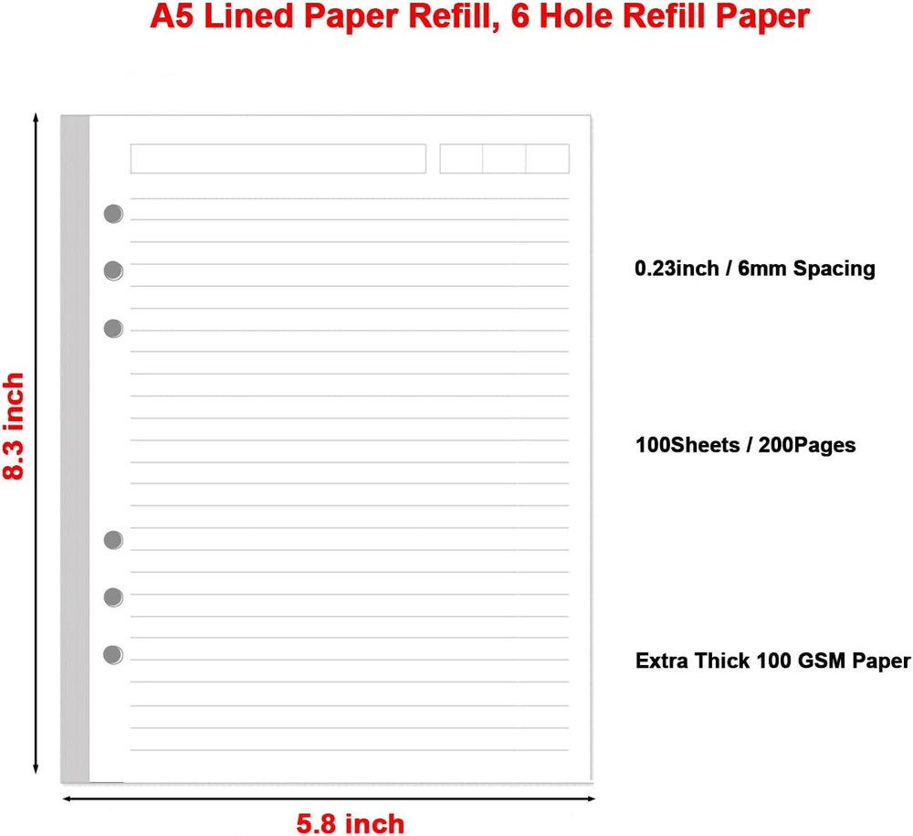 A5 Lined Paper Refill, 6 Hole Notebook Refills Paper for 6 Ring Refillable Binde
