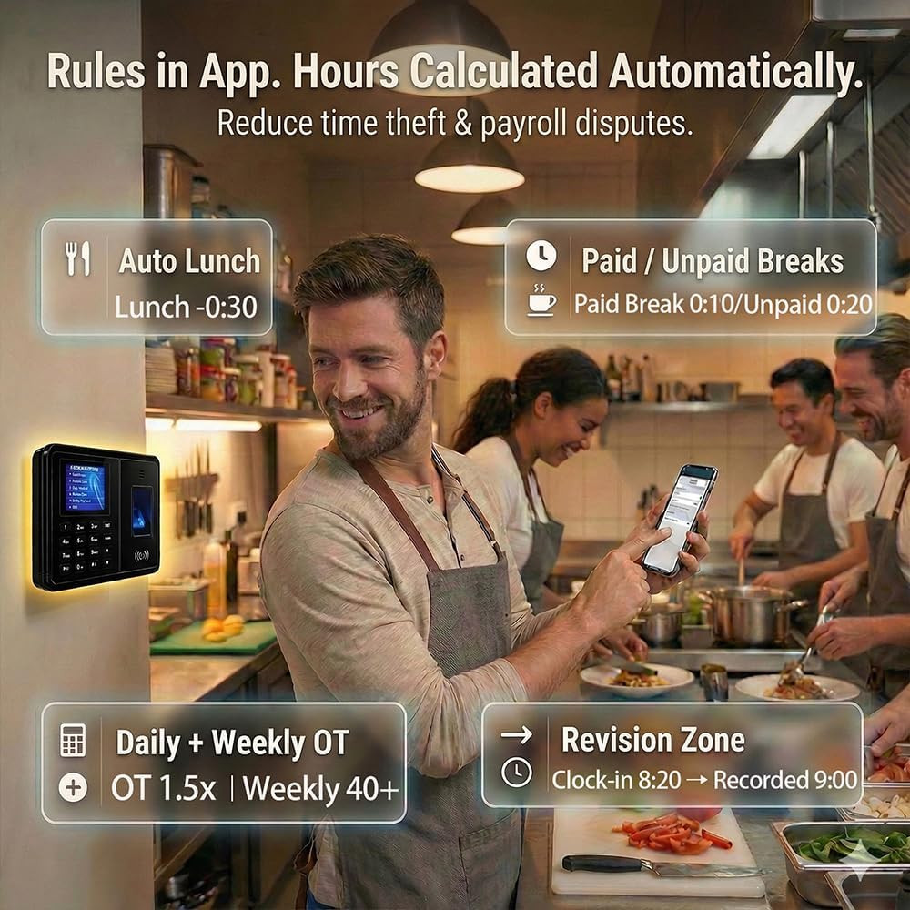Time Clock System: App Control & 5S Fast Connection, Customizable Rules & 4 Payr