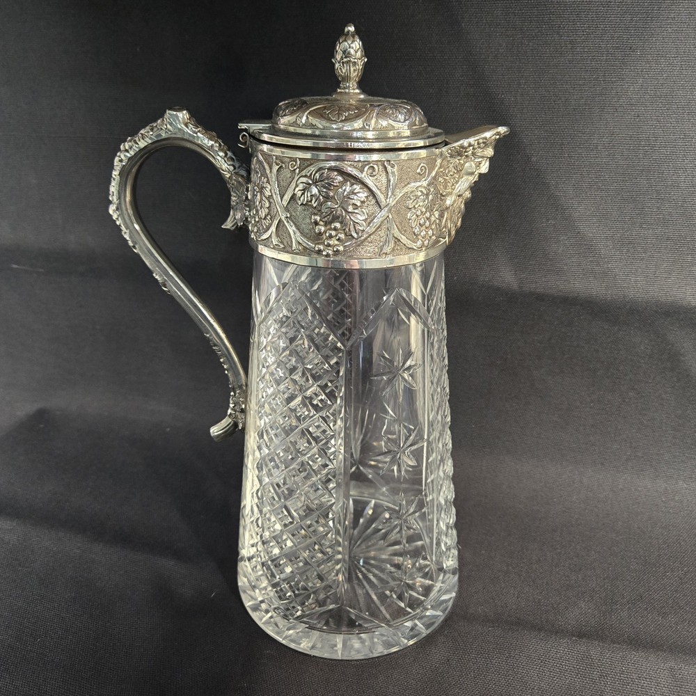 Victorian Bacchus Silverplate Cut Glass Pitcher Wine Decanter