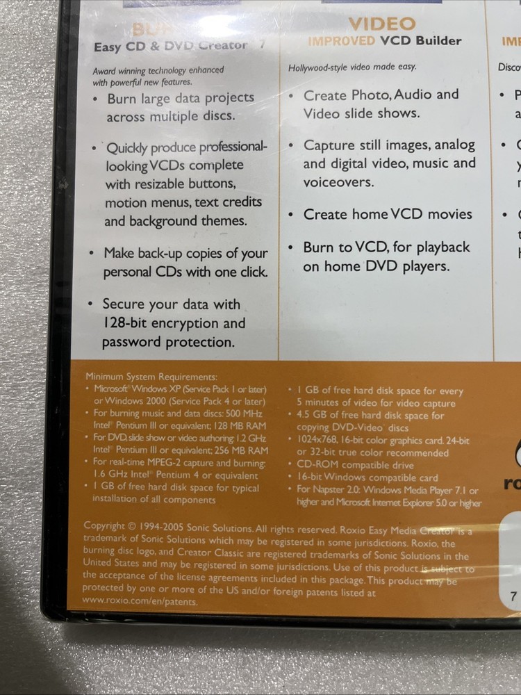 Roxio Easy Media Creator 7 - Basic VCD PC Music & Burning Software NOS SEALED