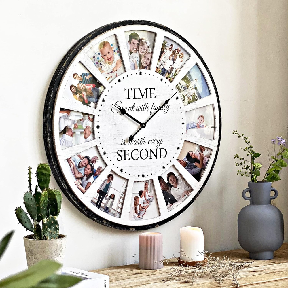 Large Wall Clock with Picture Frames Collage, Vintage Rustic Clock a - White