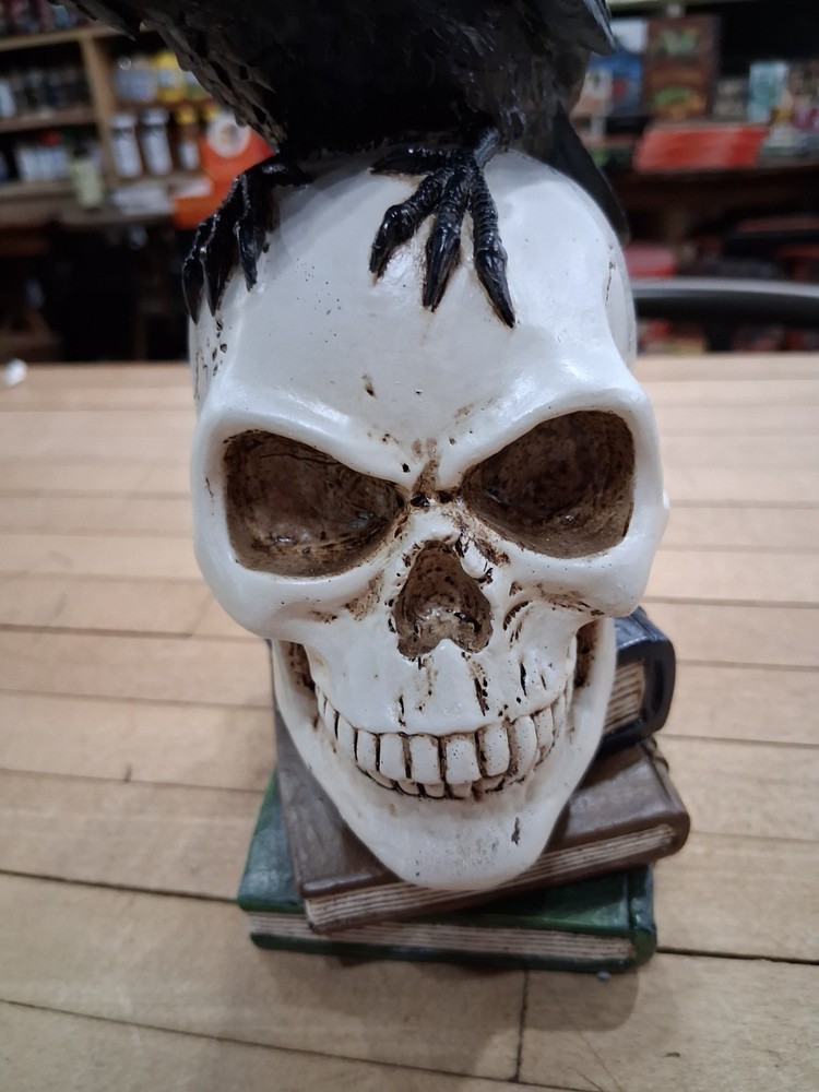 Raven Perched on Skull Gothic Book Stack Figurine