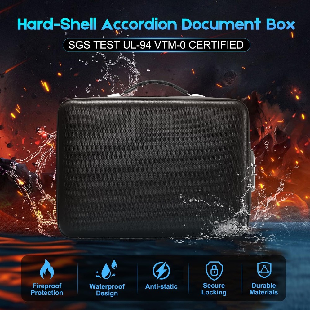 Fireproof Document with Lock, Hard-Shell Case File Organizer with Accordion F...