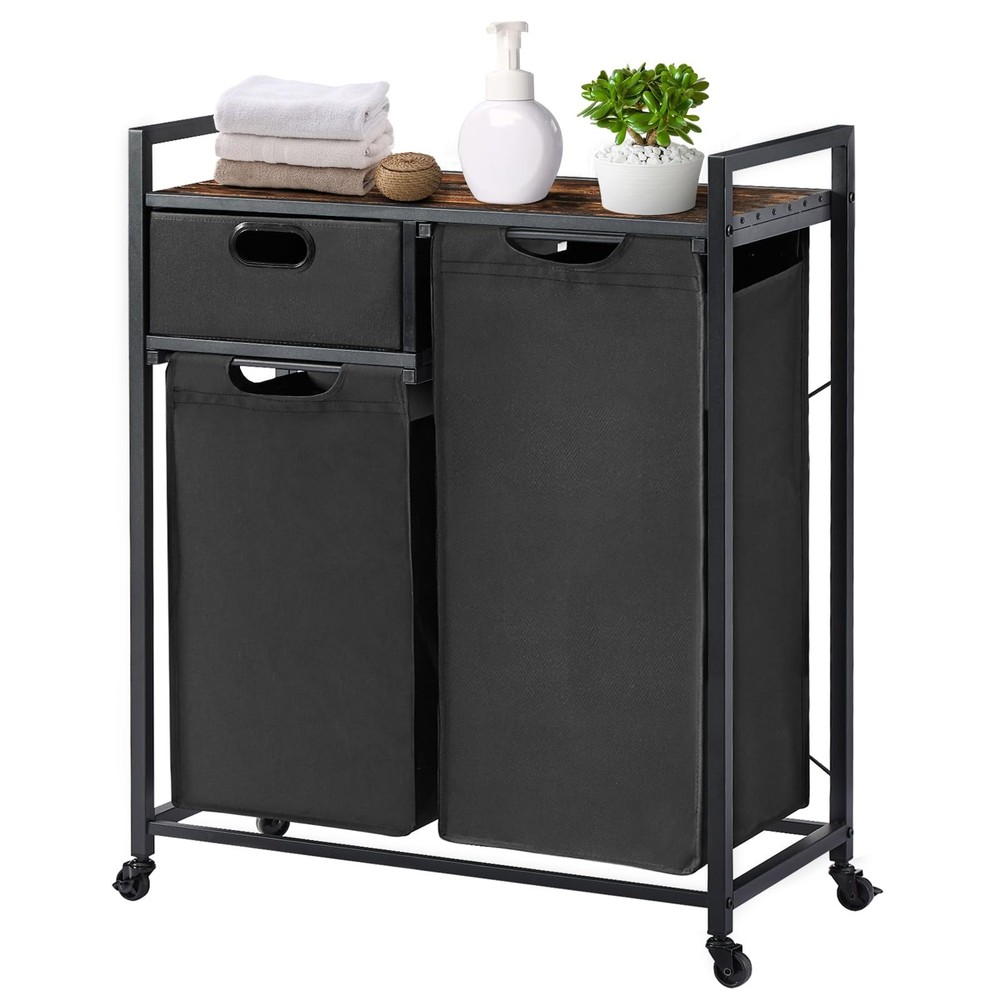 Large Rustic Brown & Black Laundry Basket with Wheels, 3 Compartments, 60L Ca...