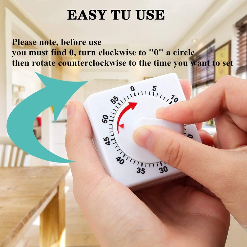 1/2x Square 60-minute Mechanical Kitchen Timer Battery-free Learning Alarm Clock