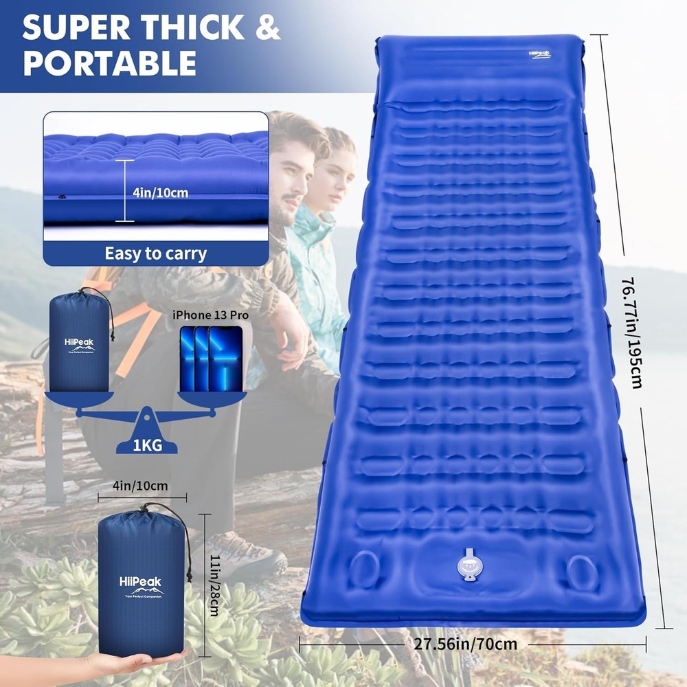 Convenient 4" Extra-Thick Inflatable Sleeping Mat for Camping & Backpacking