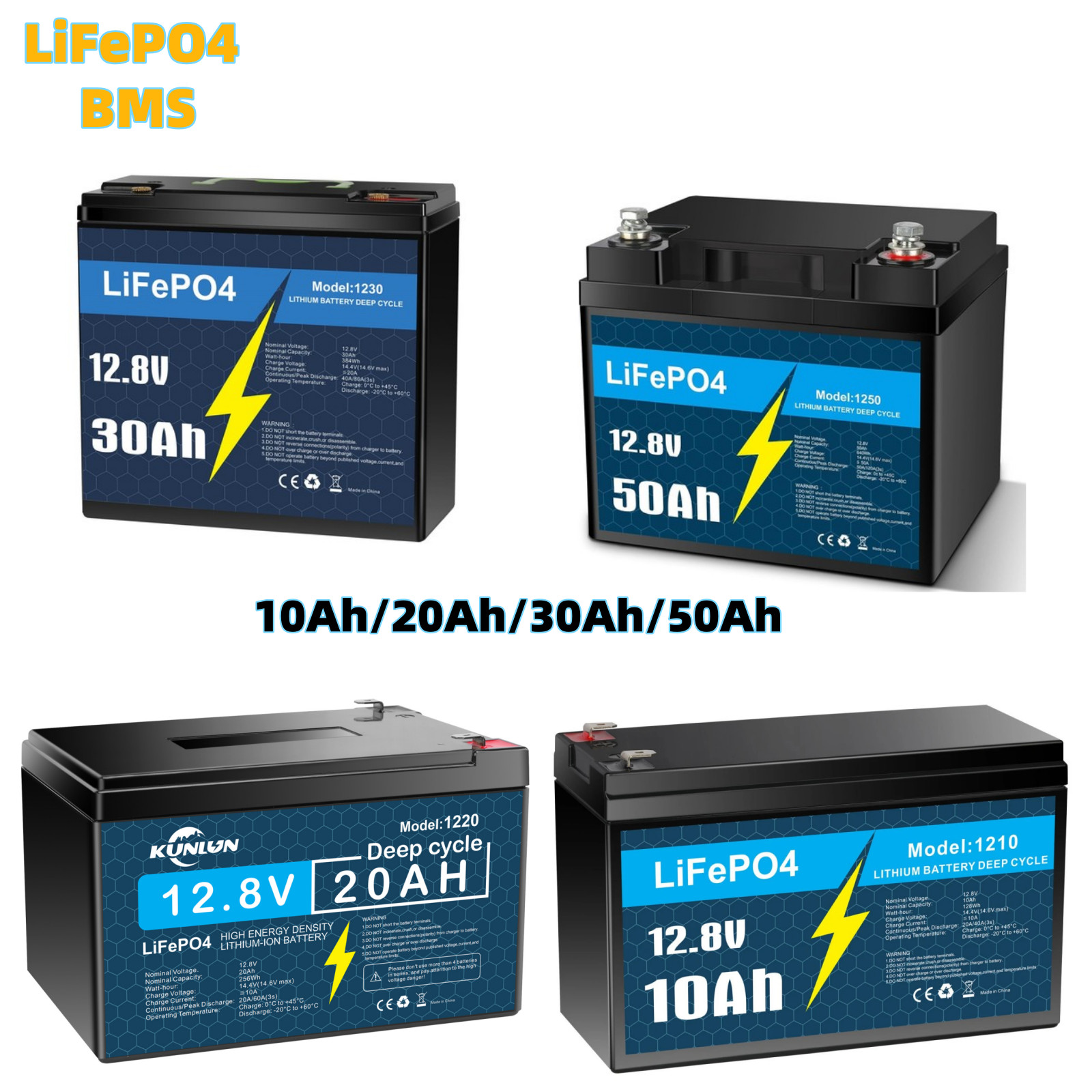 12V LiFePO4 Battery 50Ah 30Ah 20Ah 10Ah Deep Cycle BMS for RV Trolling Motor
