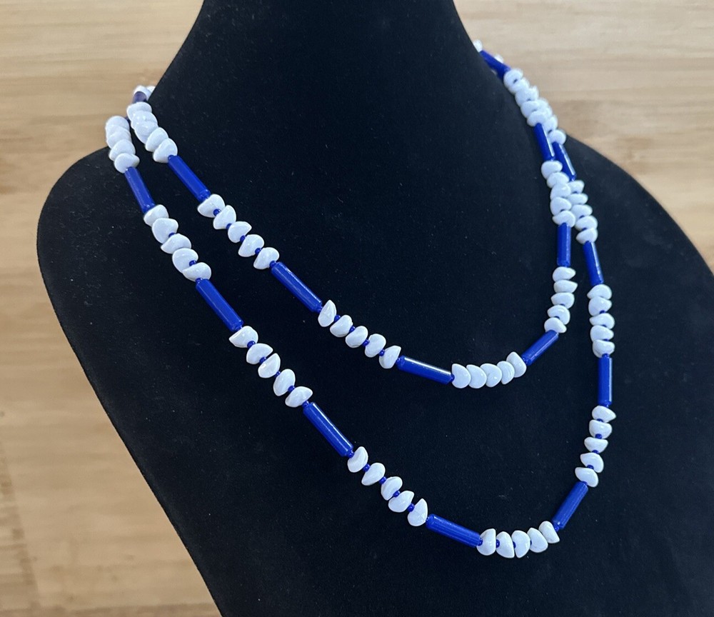 Vintage Blue & White Plastic Beaded Necklace Continuous Strand 48”