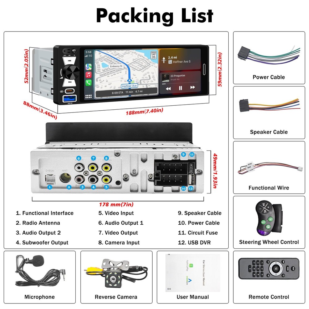 6.5" Single Din Touchscreen Radio with Wireless Apple CarPlay & Android Auto,...