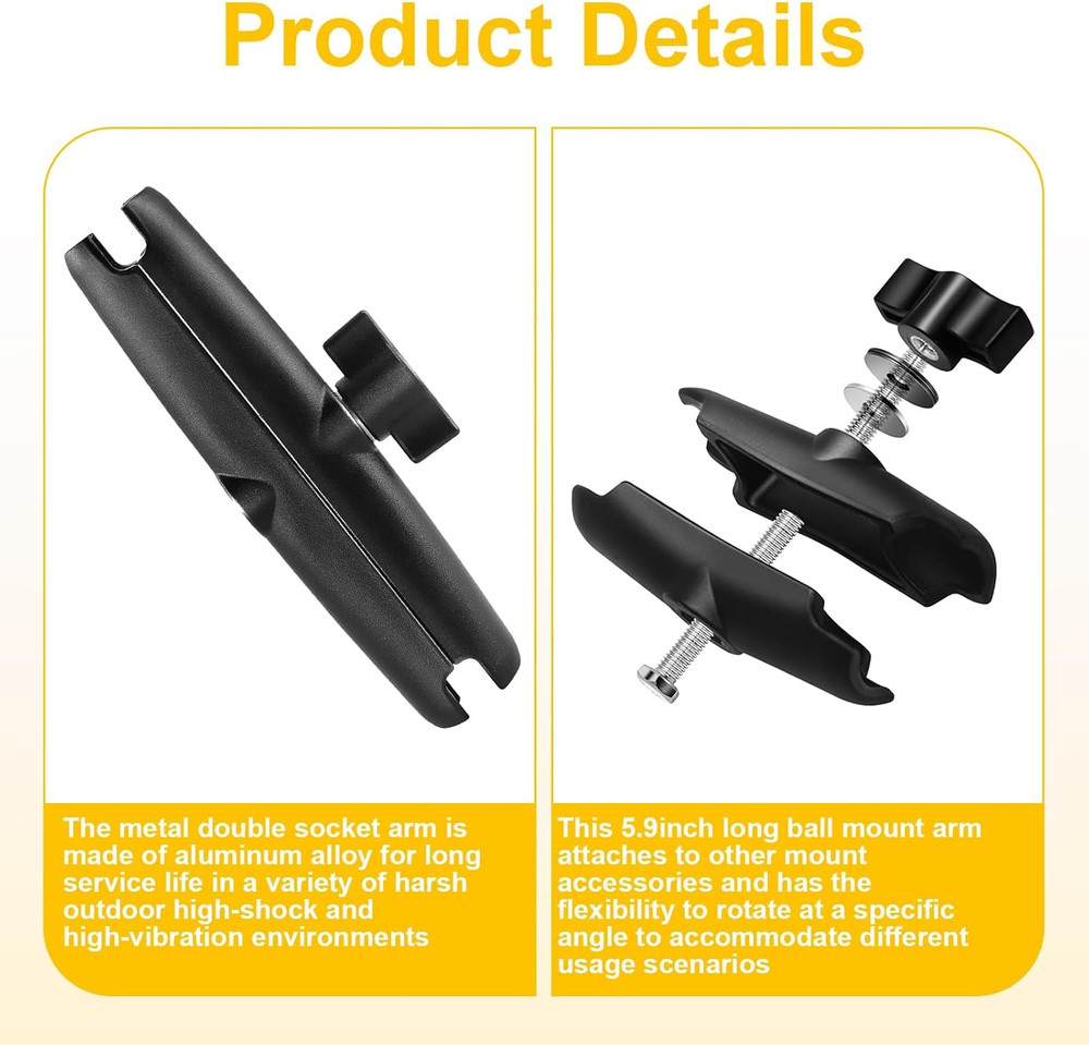Dual Extension Double Socket Arm Compatible with RAM Mount B Size 1" Ball Compon