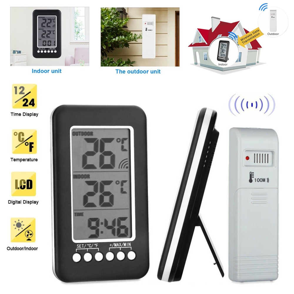 Wireless LCD Digital Thermometer Clock Indoor/Outdoor ℃/℉ Temperature Meter
