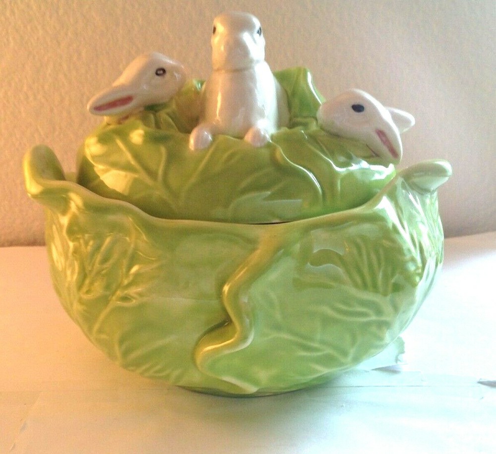 Vintage Bunny Rabbits Inside Green Cabbage Serving Dish