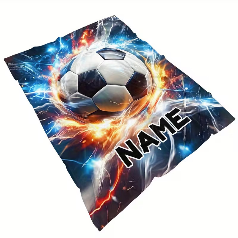 Personalized Soccer Theme Flannel Blanket Custom Name Cozy Sofa Throw
