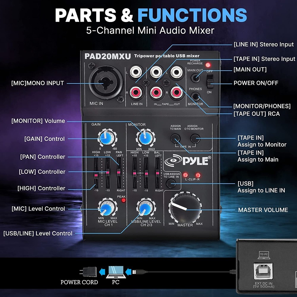Pyle 5 Channel Professional Compact Audio Mixer with USB Interface PAD20MXU