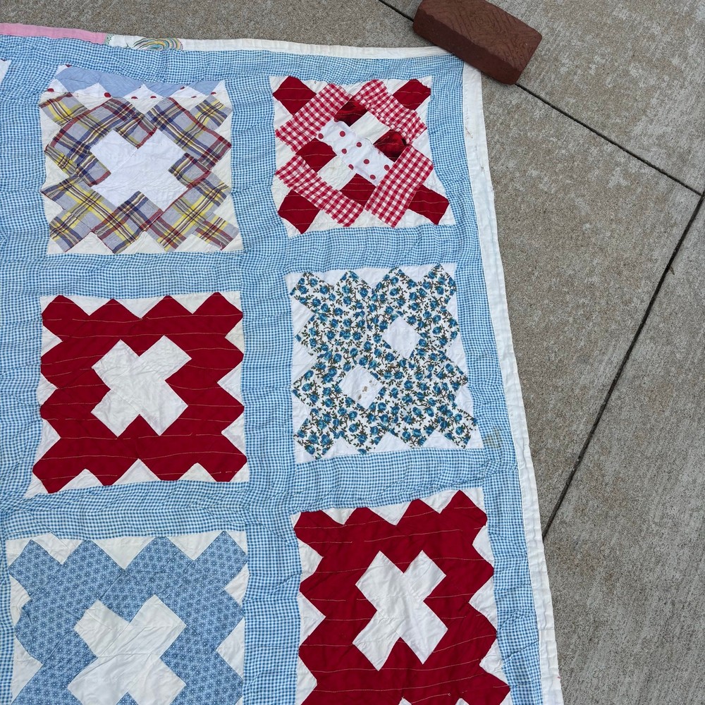 Vtg Quilt Patchwork Block Pattern 78”x60” Hand Made Cotton Feed-sack? Depression