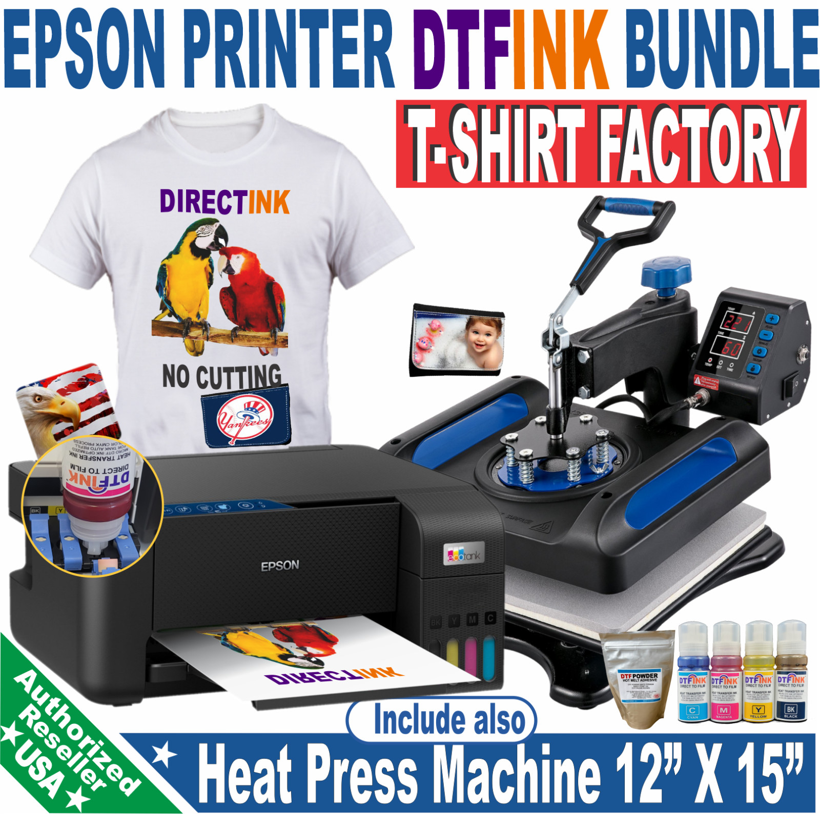 Epson Printer with DTF ink plus Heat Press 12x15 T-Shirt Maker Starter Bundle