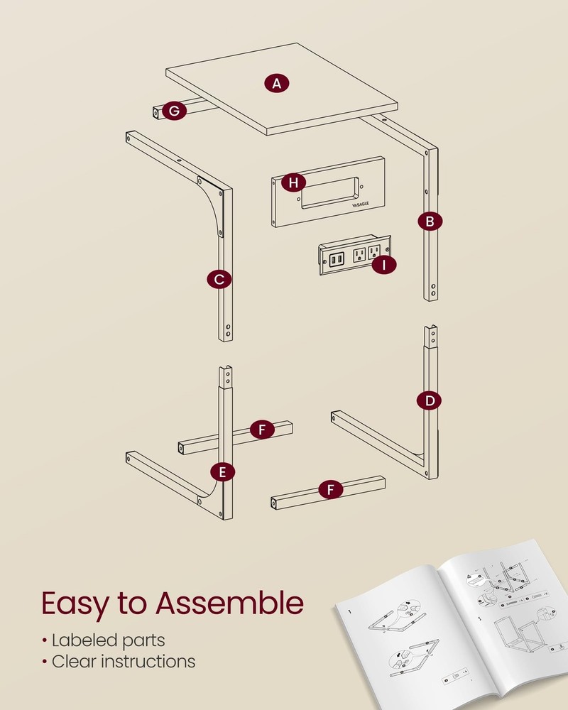 VASAGLE C-Shaped Side Table, End Table with Charging Station, C Table for Cou...