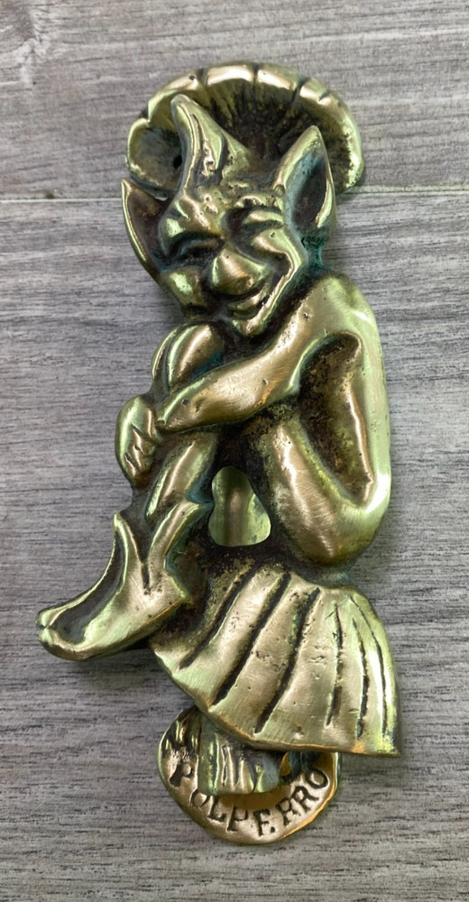 antique Solid Brass Pixie Impish Elf Leprechaun Mushroom Door Knocker polperro