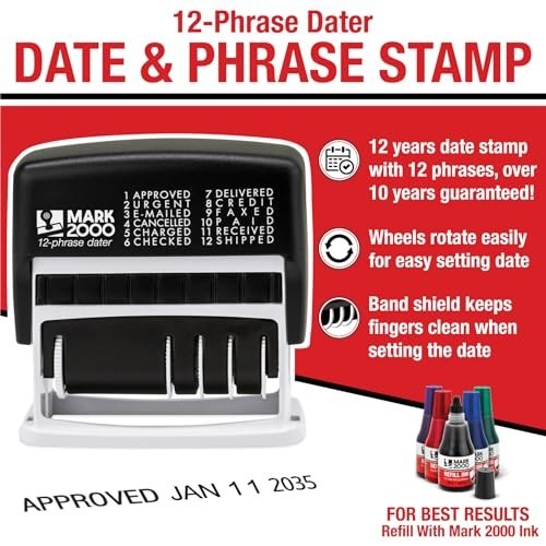 12-Phrase Self-Inking Date Stamp - Customizable Red Ink Office Tool