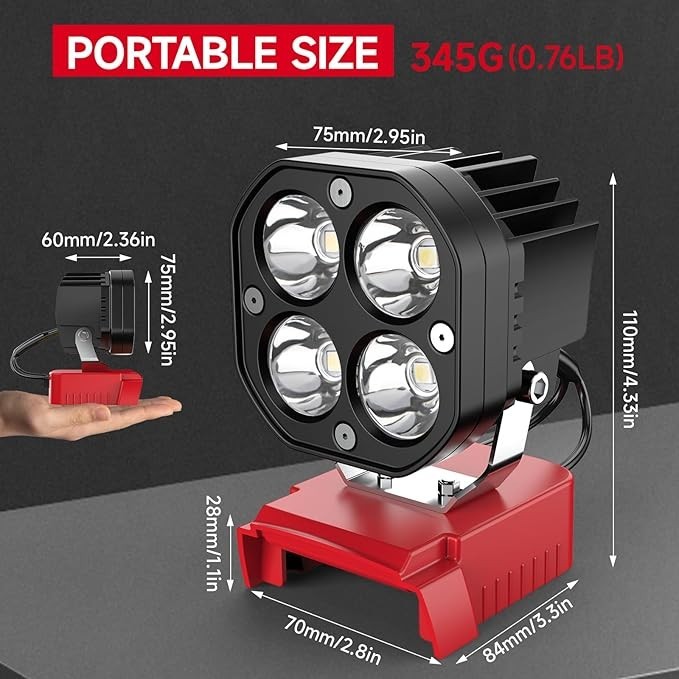 40W 6000LM LED Work Light Flashlight Compatible with Milwaukee 18V Battery