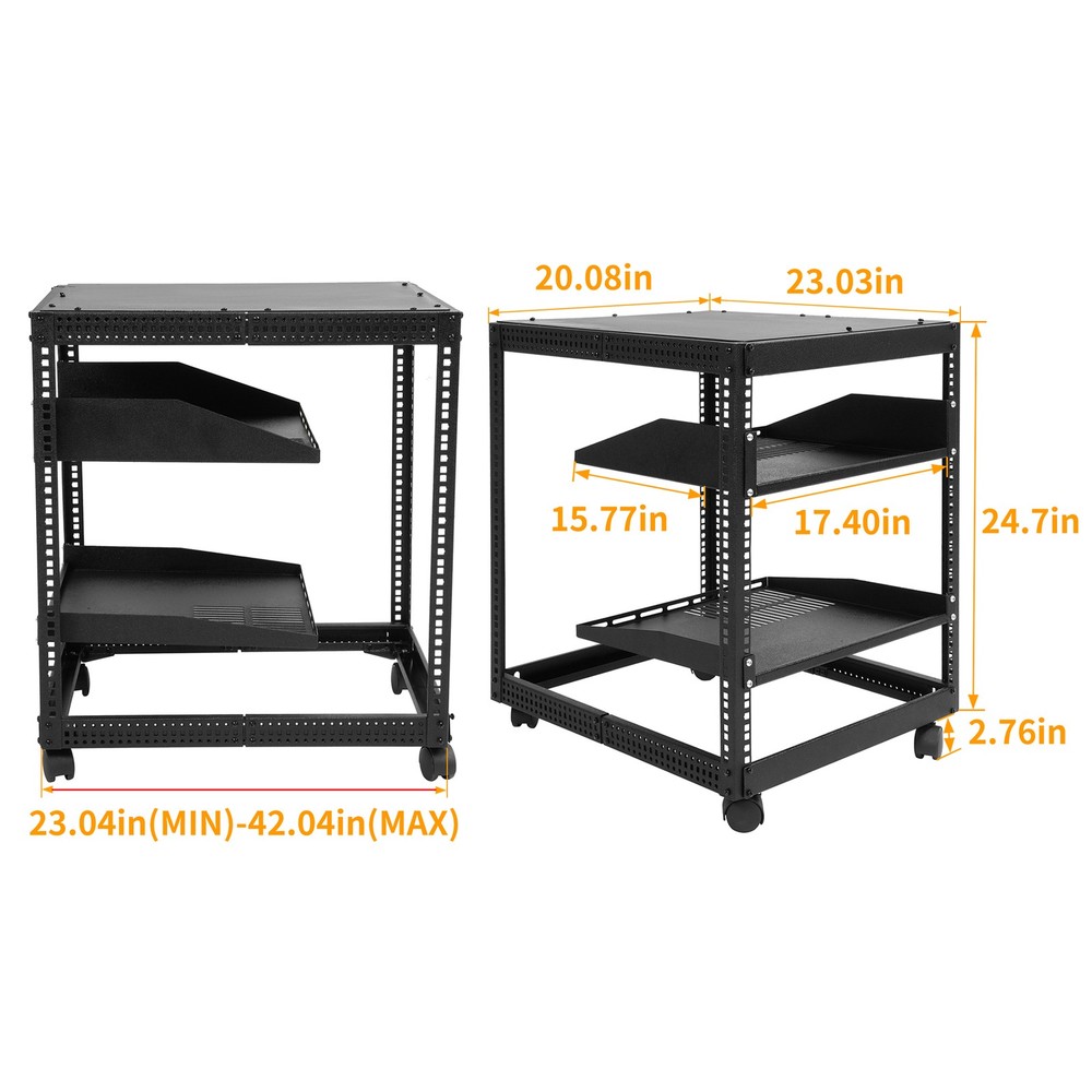 Black 12U Open Frame Network Rack Wall Mounted Server Rack 4 Post with Shelves