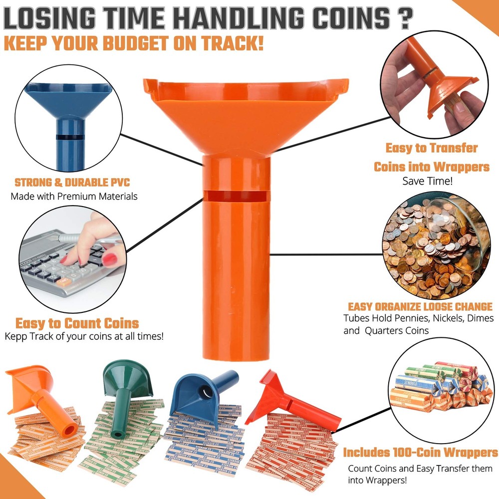 Coin Sorter Tubes, 4 Colors, Includes Wrappers, Multicolor