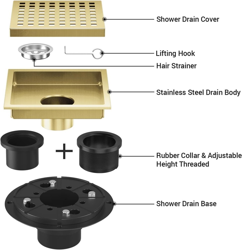 Removable Brushed Gold 6" Square Shower Floor Drain With Flange Pattern Grate