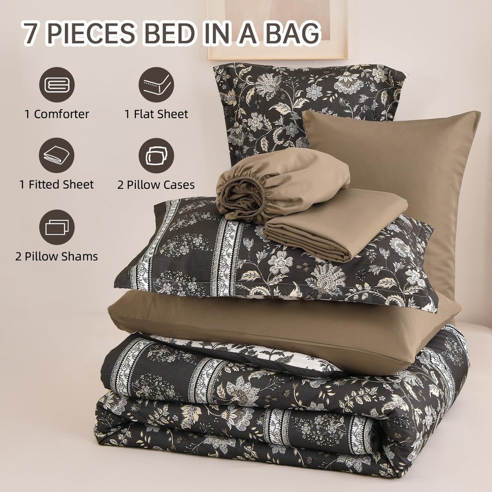 Dinjoy Comforter Set King Size Boho, Reversible Brown Gray King,