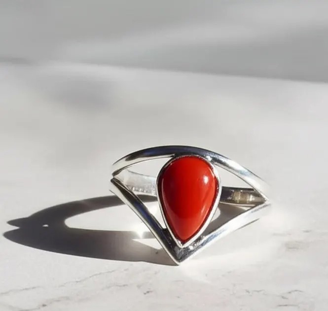 Solid 925 Sterling Silver Natural Red Coral Pear Shape Gemstone Handmade Ring