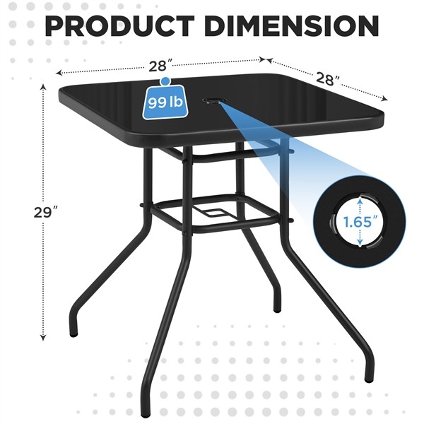 Outdoor Square Patio Bistro Table with Silk Printing Glass Top and Umbrella Hole