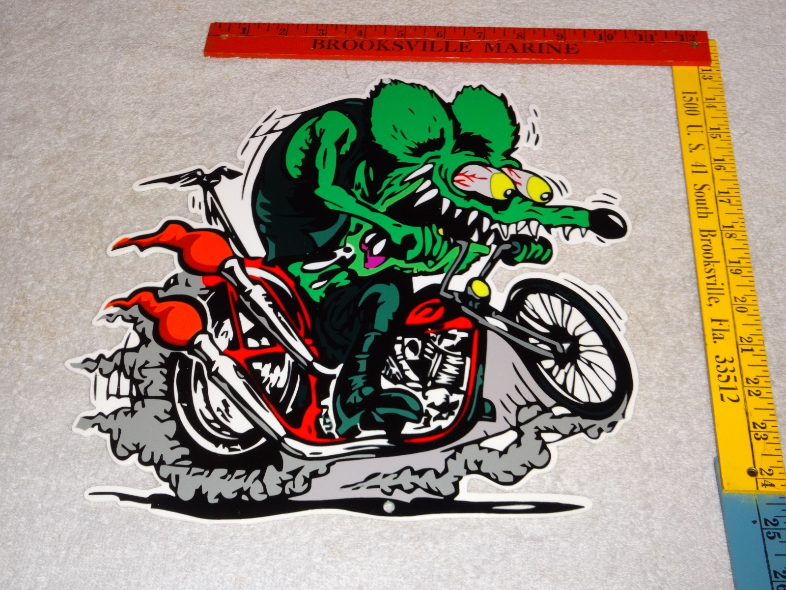 VINTAGE RATFINK RIDES MOTORCYCLE 12" PORCELAIN METAL RAT FINK GASOLINE OIL SIGN