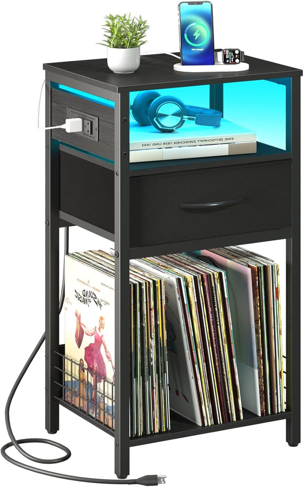 Record Player Stand with Storage - End Table with Charging Station & LED Lights,