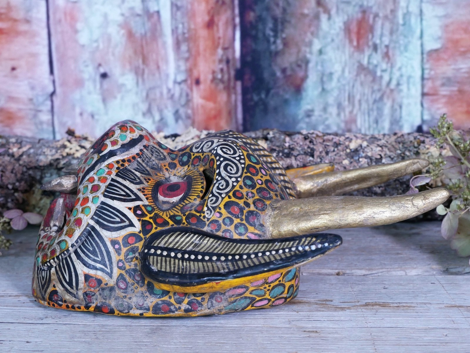 Devil Demon Wood Mask Real Goat Horns Handmade Guerrero Nahua Mexican Folk Art