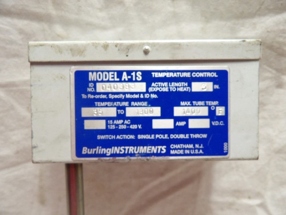 Burling Instruments A-1S Temperature Control Switch Temp Set 1300F