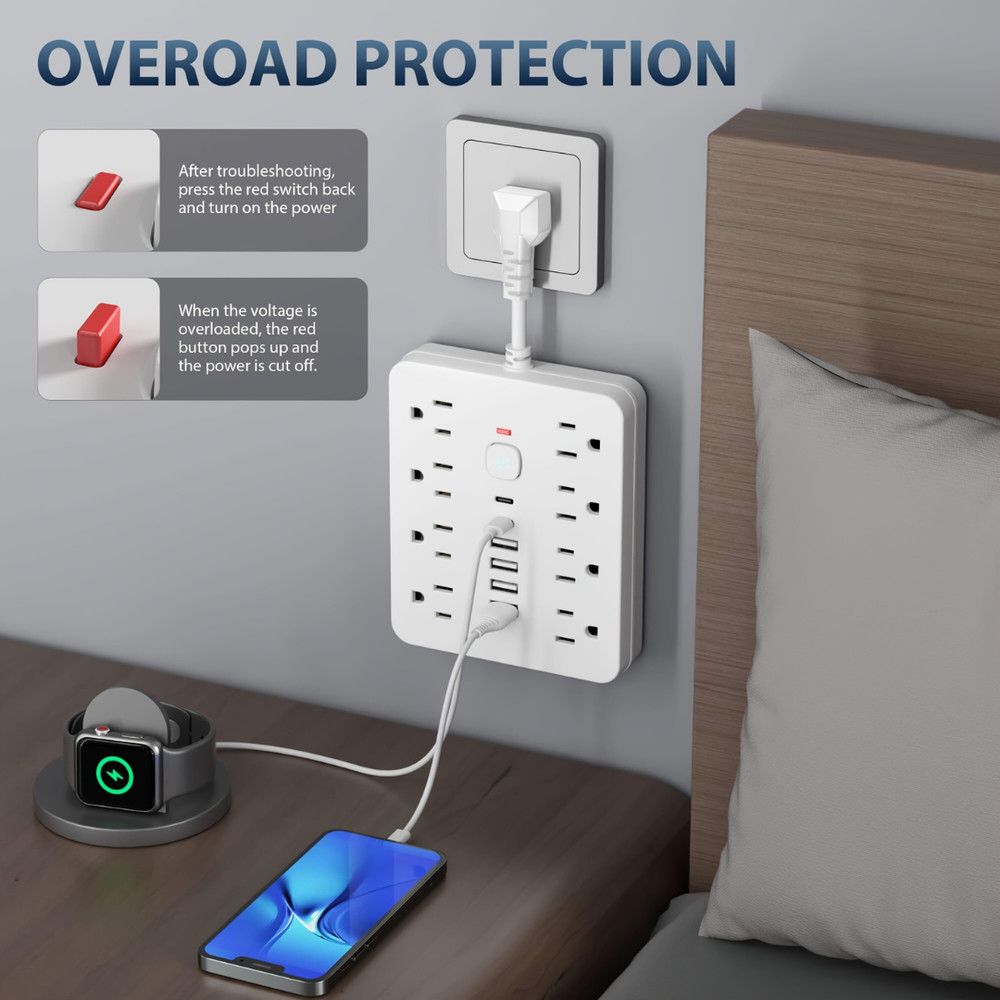 14 in 1 Power Strip Surge Protector 8 Outlets 4 USB 2 Type C Multi Plug